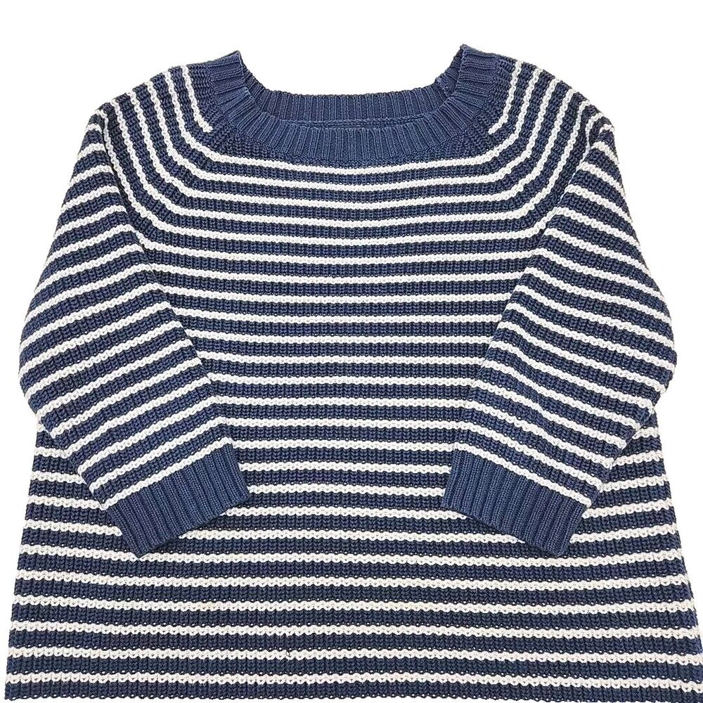 Lands End Sweater Women Blue White Stripe 3/4 Sleeve Cotton Size XL 18-20 Shirt